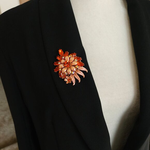 Vintage Peach Enamel & Orange Rhinestone Flower Brooch & Earring Set - Picture 7 of 9